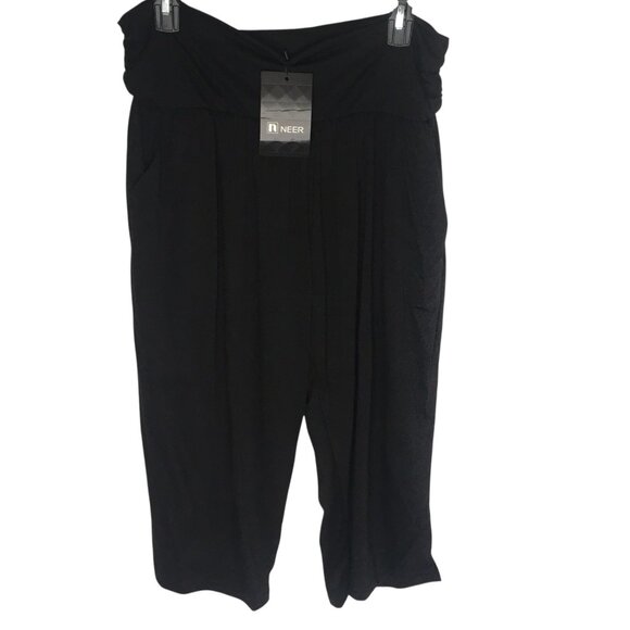 Black Comfort Pants Womens 2XL High Waist Stretch Capri Cropped Wide Leg Pull On - Picture 1 of 16
